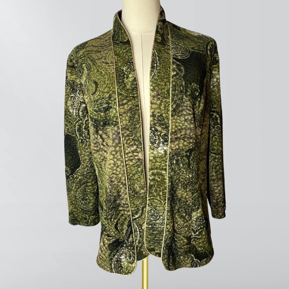 Vintage Alex Evenings Regal Forest Green & Gold Braid Trim Elegant Jacket Top